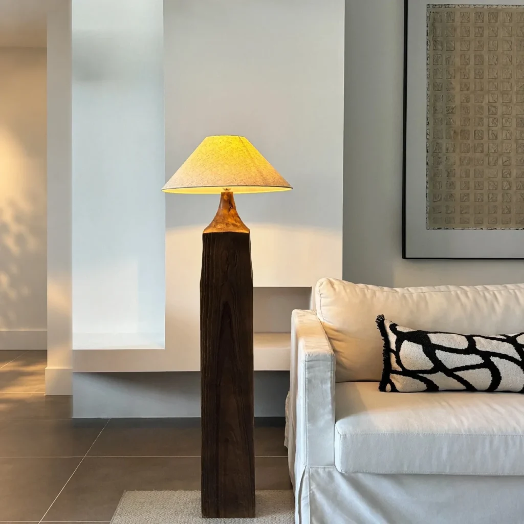 Wabi-Sabi Aged Wood Post Floor Lamp with Linen Shade in clay — front view