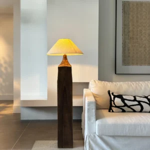 Wabi-Sabi Aged Wood Post Floor Lamp with Linen Shade in clay — front view