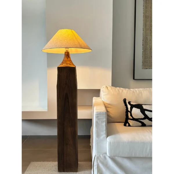 Wabi-Sabi Aged Wood Post Floor Lamp with Linen Shade in clay — in a room setting
