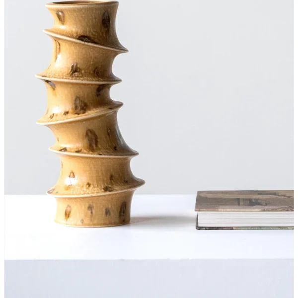 Wabi-Sabi Twisted Bamboo Column Vase in Honey Glaze — in a room setting