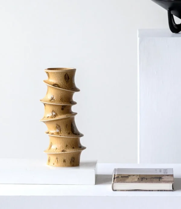 Wabi-Sabi Twisted Bamboo Column Vase in Honey Glaze — in a room setting