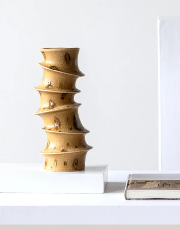 Wabi-Sabi Twisted Bamboo Column Vase in Honey Glaze — in a room setting