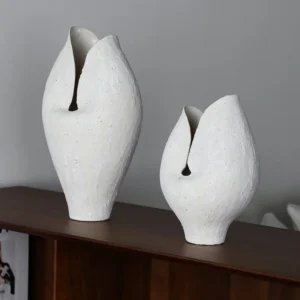 Wabi-Sabi Split-Form Stoneware Vases in Silent White — front view