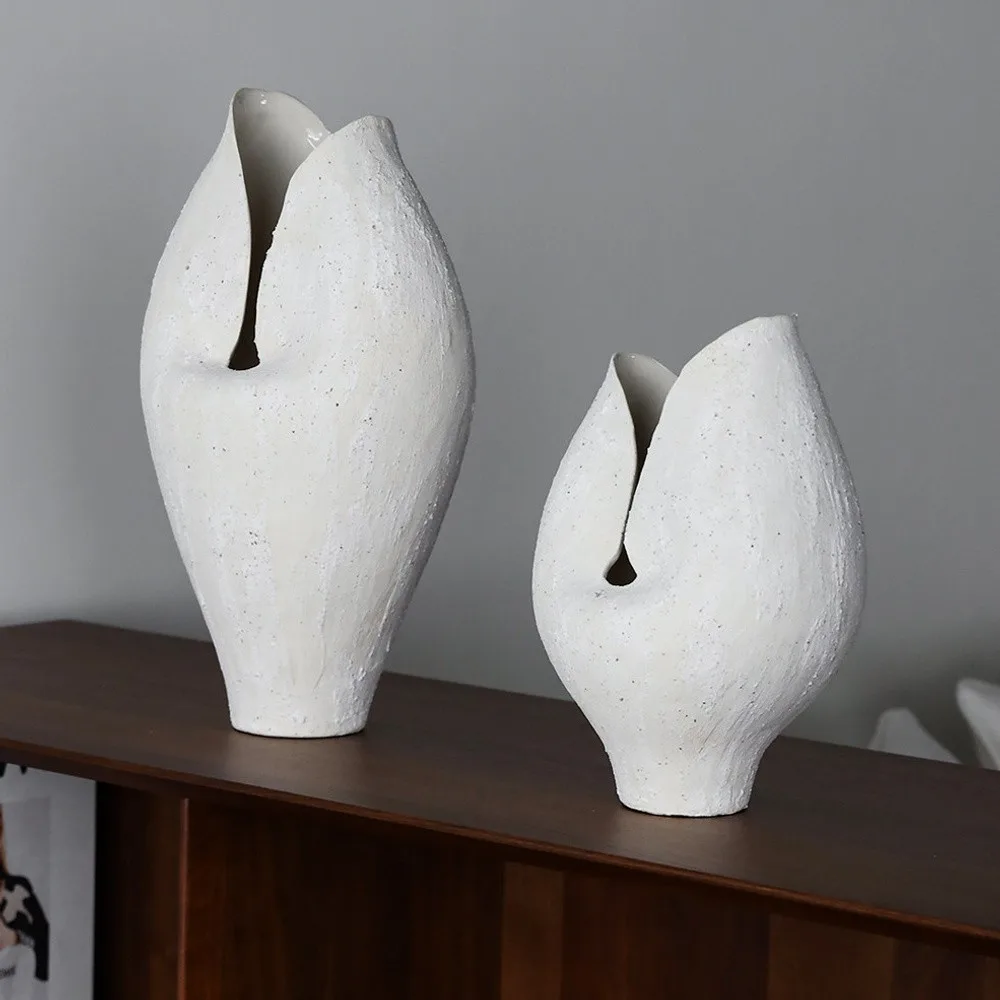 Wabi-Sabi Split-Form Stoneware Vases in Silent White — front view