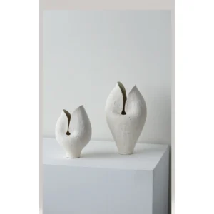 Wabi-Sabi Split-Form Stoneware Vases in Silent White — in a room setting