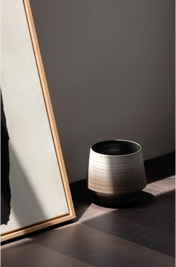 Wabi-Sabi Swirl Gradient Ceramic Jar Vase, Two Forms in slate — in a room setting