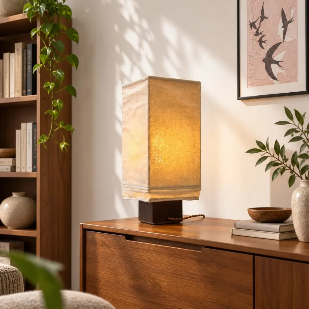 Square Linen Shade Table Lamp on Dark Walnut Base in oatmeal — front view