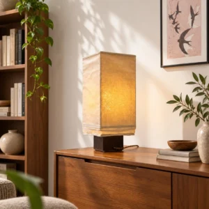 Square Linen Shade Table Lamp on Dark Walnut Base in oatmeal — front view