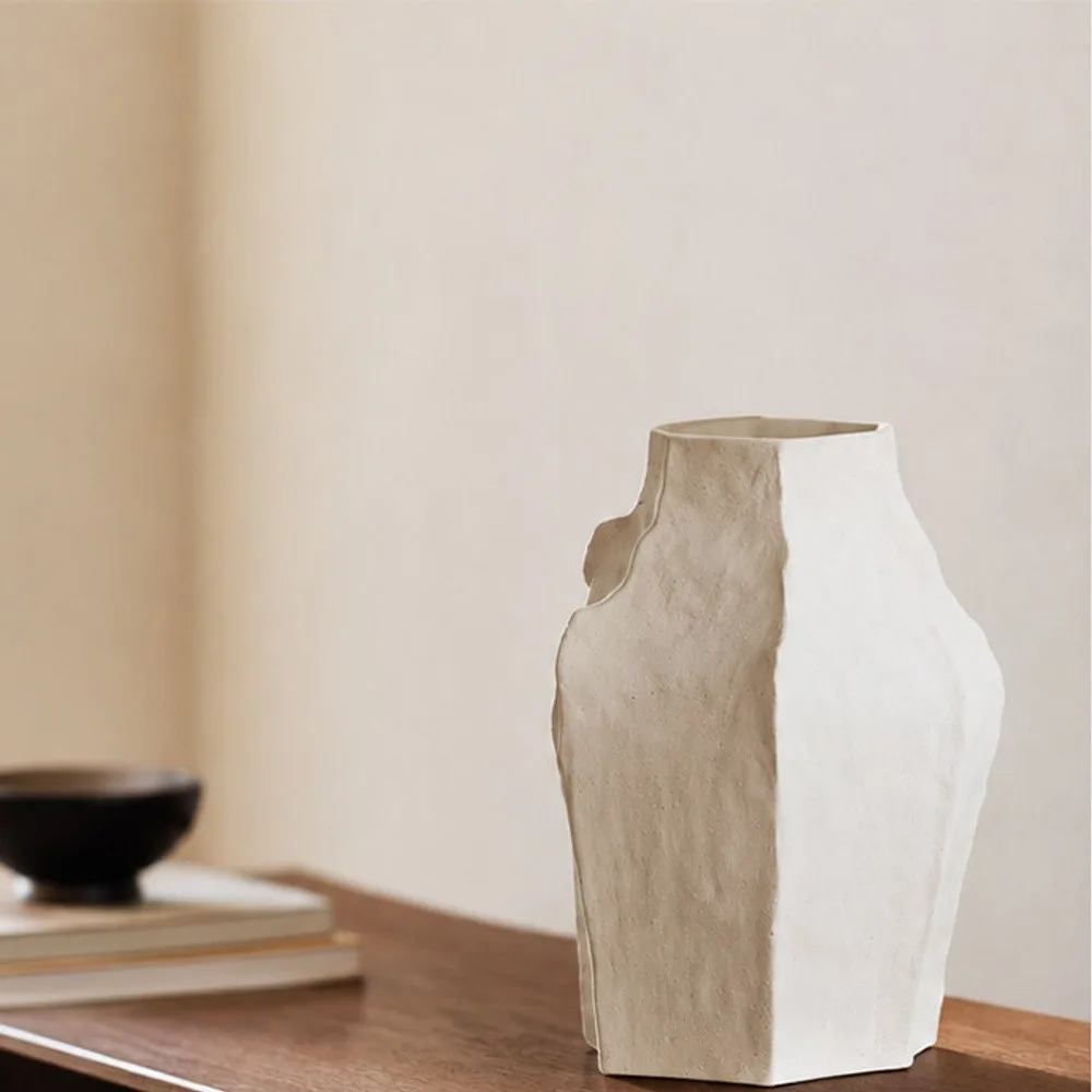 Designer Wabi-Sabi Faceted Cream Ceramic Vase, Large in oatmeal — front view