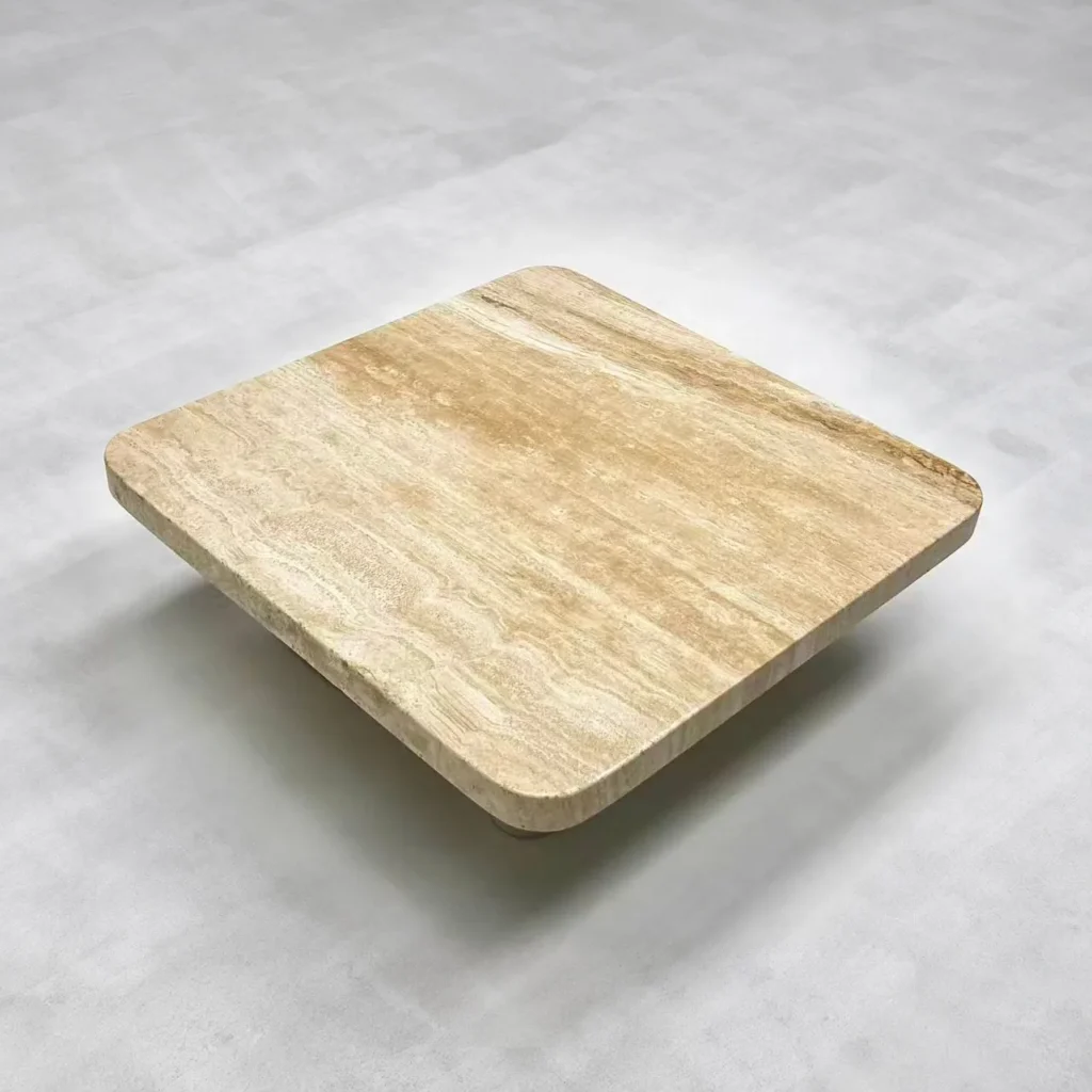 Wabi-Sabi Travertine Square Coffee Table on Column Base in sand — front view