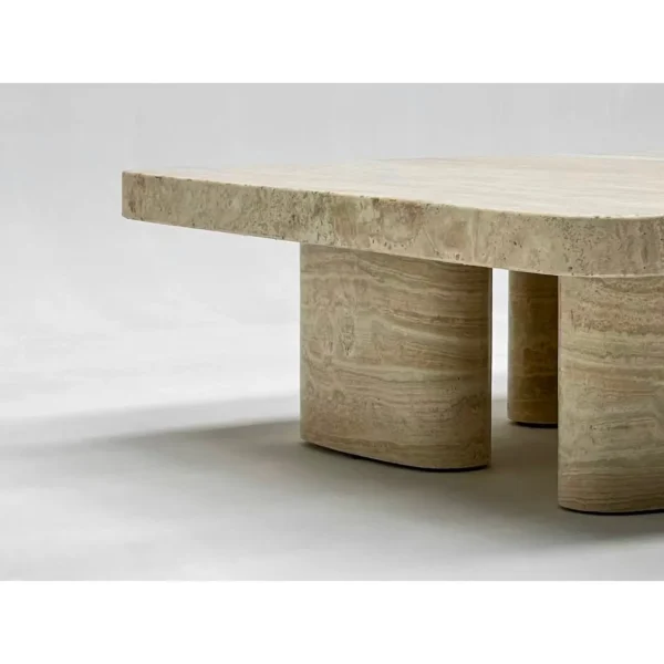 Wabi-Sabi Travertine Square Coffee Table on Column Base in sand — in a room setting