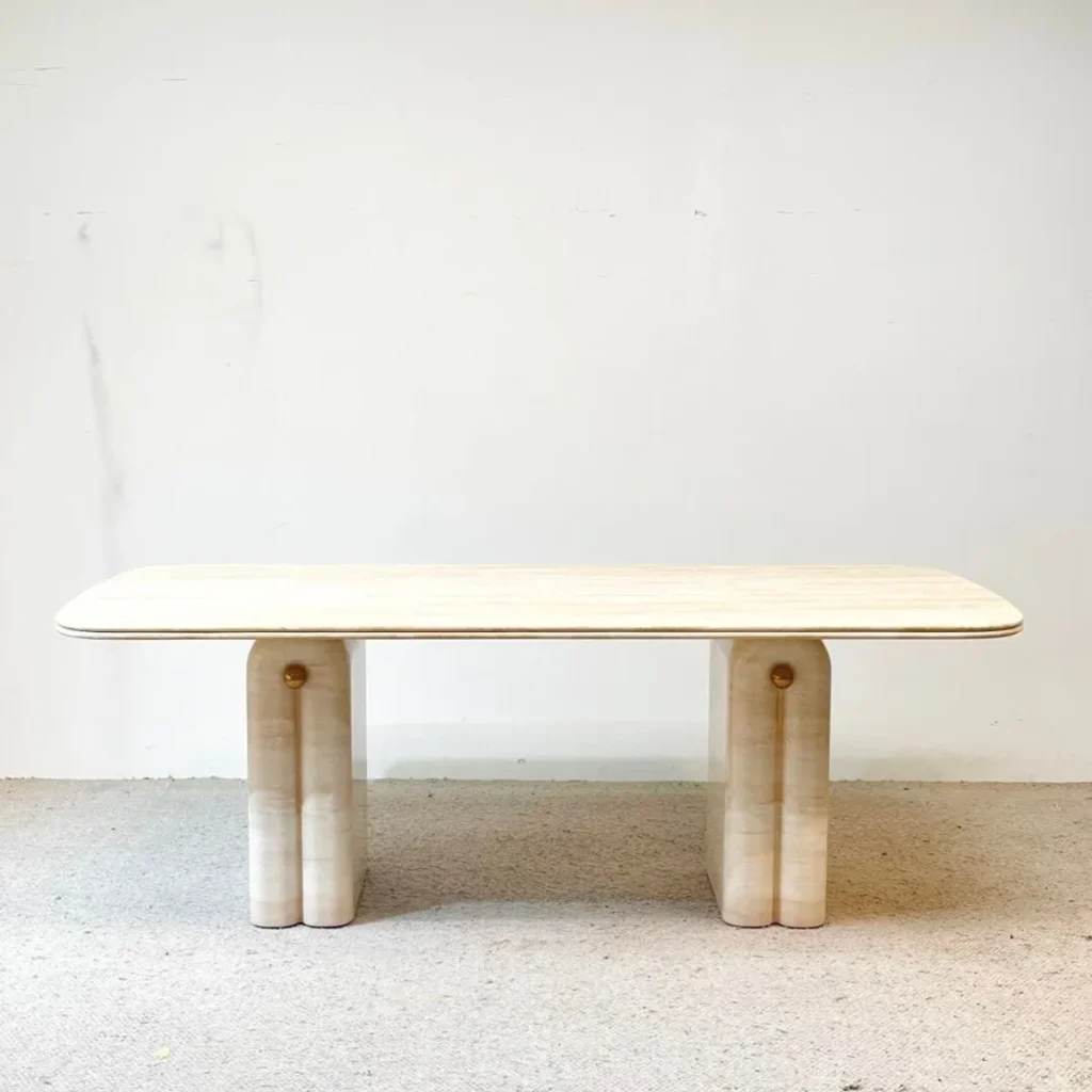 Wabi-Sabi Travertine Dining Table with Arched Legs in oatmeal — front view