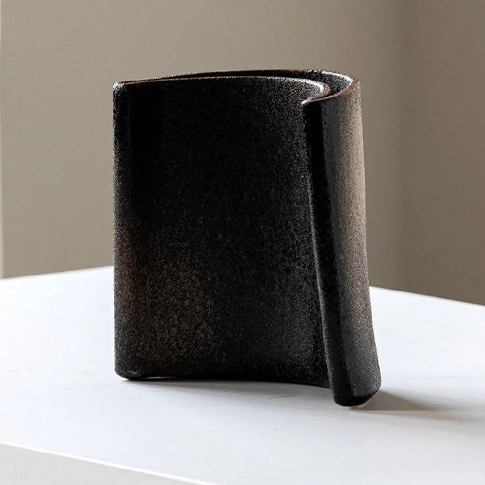Wabi-Sabi Twisted Slab Ceramic Vase in Charcoal, Short — front view