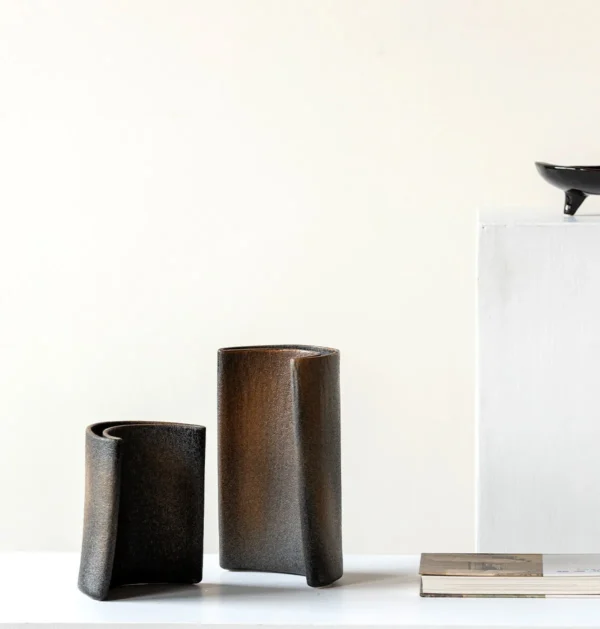 Wabi-Sabi Twisted Slab Ceramic Vase in Charcoal, Short — in a room setting