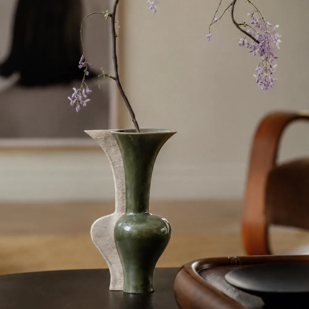 Wabi-Sabi Two-Tone Irregular Vase in olive — front view