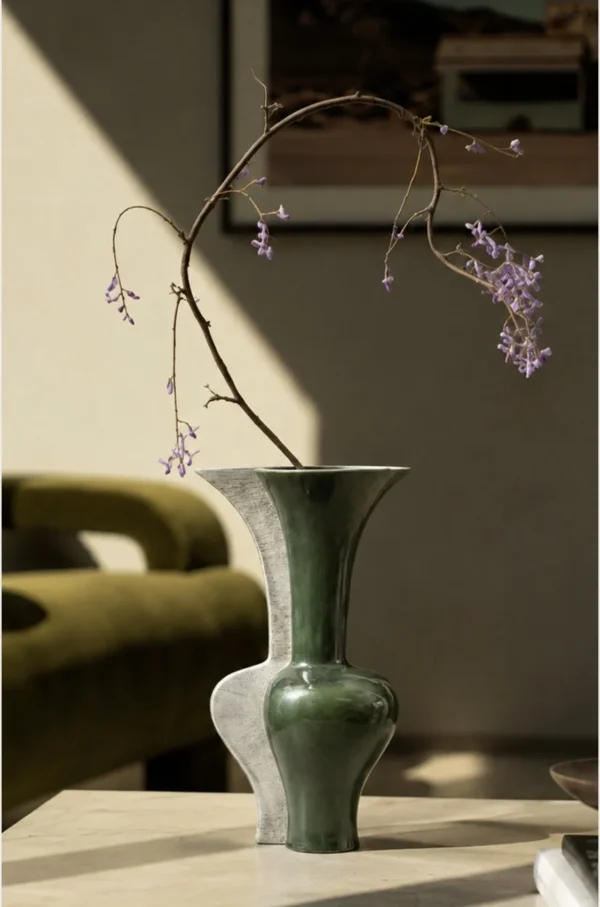 Wabi-Sabi Two-Tone Irregular Vase in olive — in a room setting