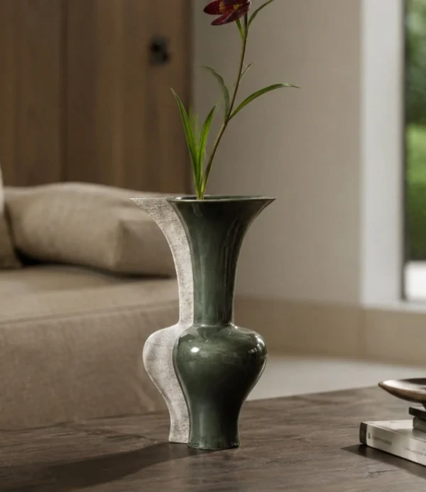 Wabi-Sabi Two-Tone Irregular Vase in olive — in a room setting
