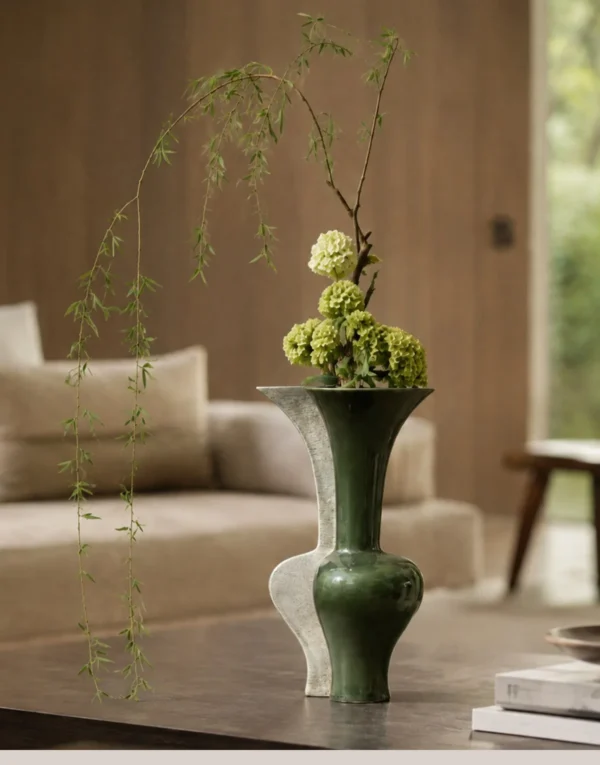 Wabi-Sabi Two-Tone Irregular Vase in olive — in a room setting