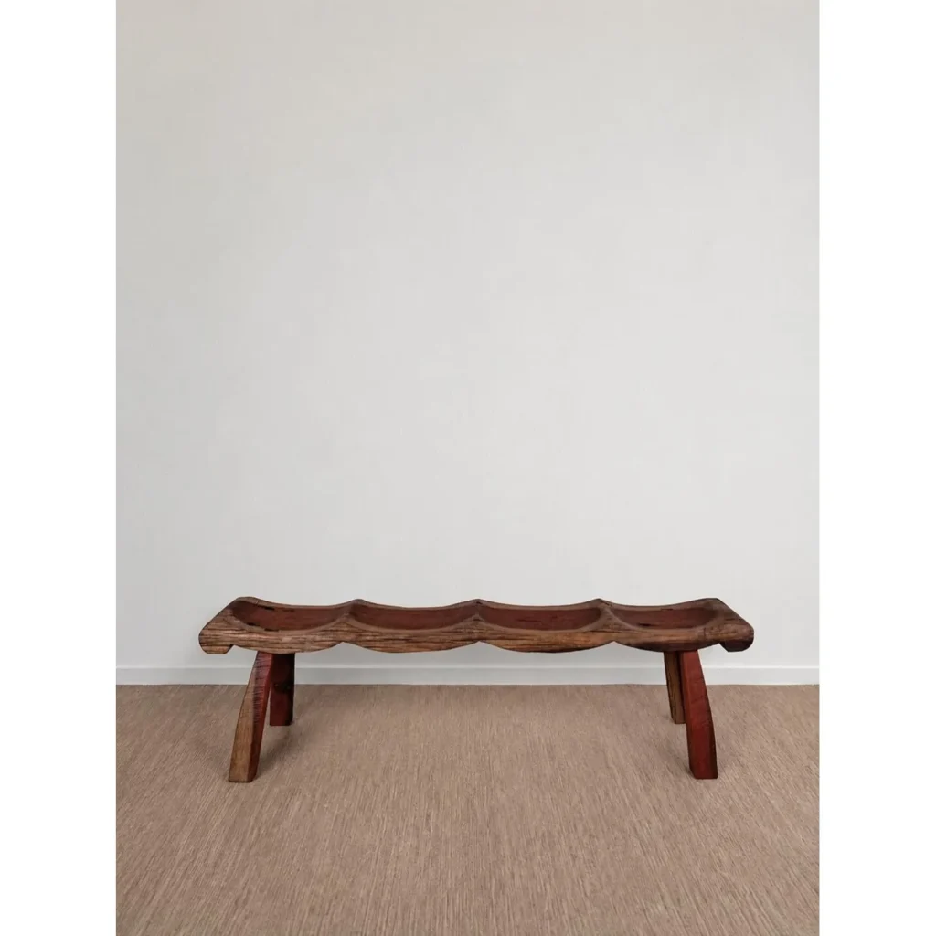 Wabi Seat Carved Wood Bench in Red-Brown — front view