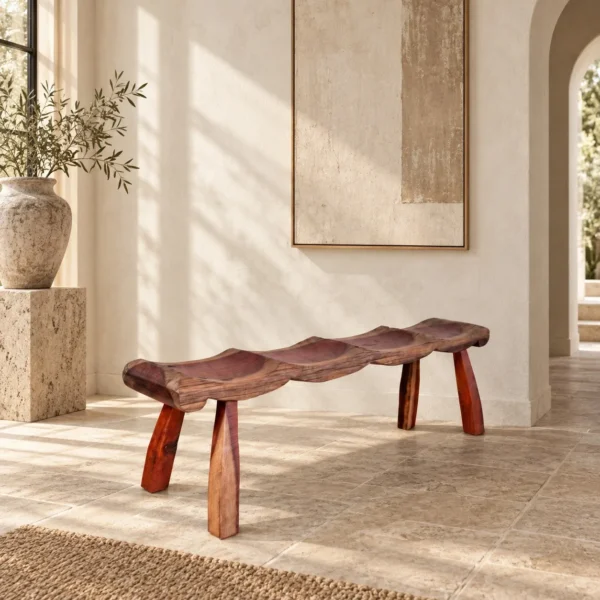 Wabi Seat Carved Wood Bench in Red-Brown — in a room setting