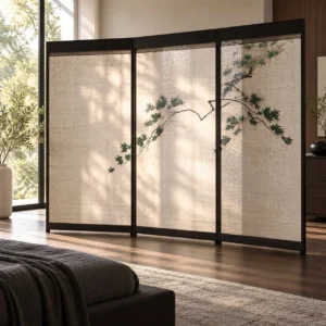 Three-Panel Linen Folding Screen with Pine Branch in oatmeal — front view