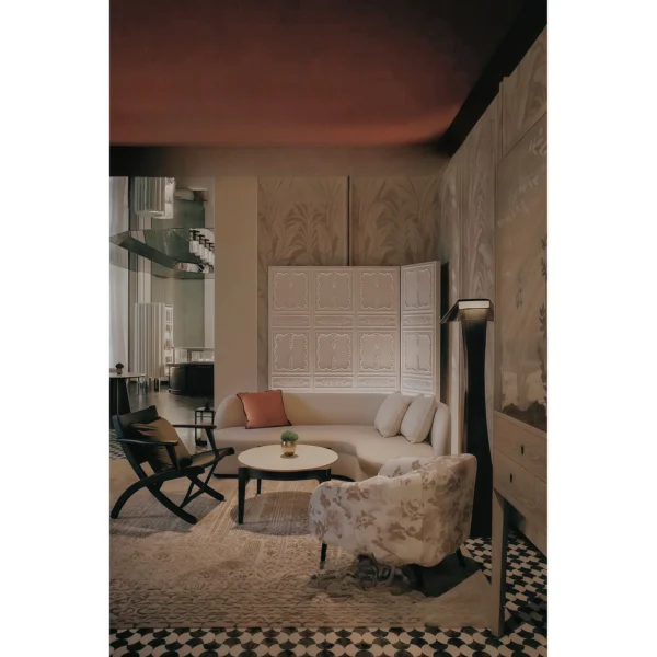 Three-Panel Linen Folding Screen with Pine Branch in oatmeal — in a room setting
