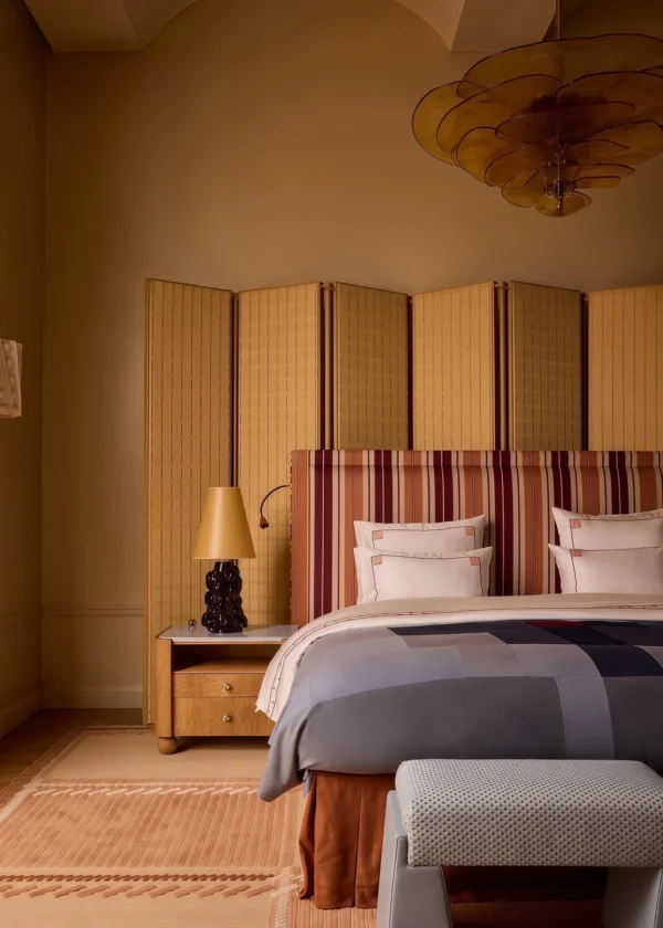 Three-Panel Linen Folding Screen with Pine Branch in oatmeal — in a room setting