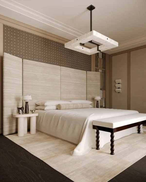 Three-Panel Linen Folding Screen with Pine Branch in oatmeal — in a room setting