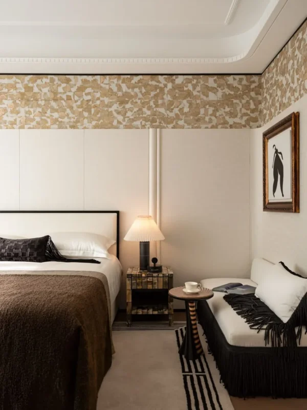 Three-Panel Linen Folding Screen with Pine Branch in oatmeal — in a room setting