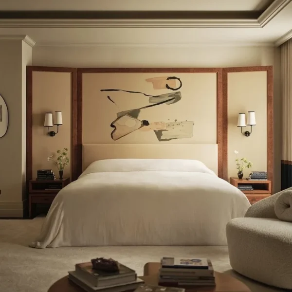 Three-Panel Linen Folding Screen with Pine Branch in oatmeal — in a room setting