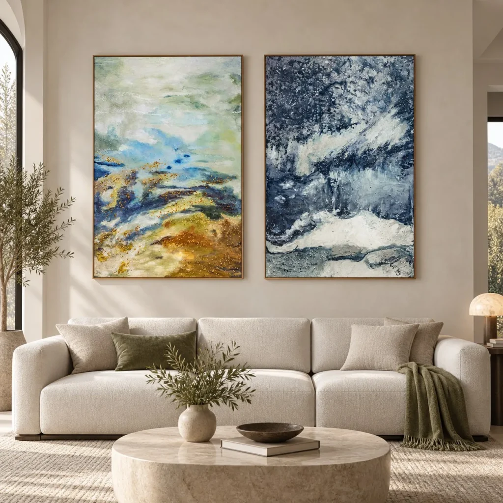 Coastal Abstract Painting Set of 2, 100 x 150 cm Overall in blue — front view