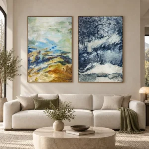 Coastal Abstract Painting Set of 2, 100 x 150 cm Overall in blue — front view