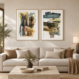 Collage Abstract Wall Art Set of 2 in mustard — front view