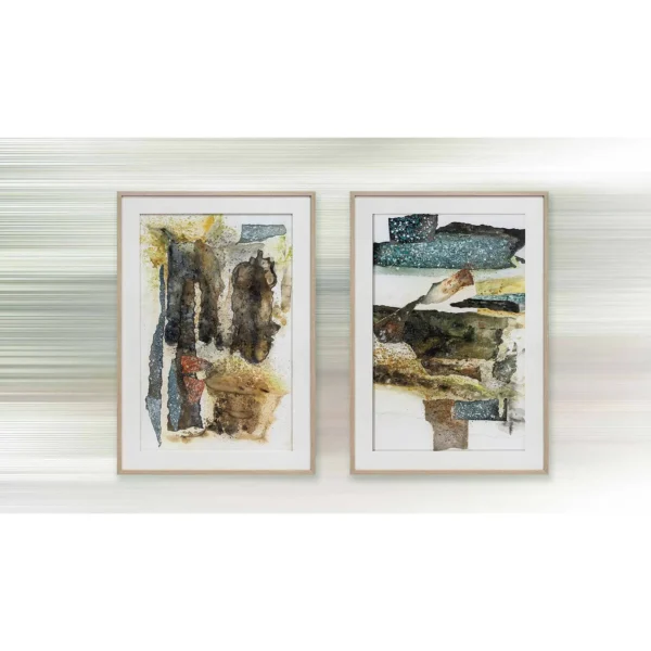Collage Abstract Wall Art Set of 2 in mustard — in a room setting