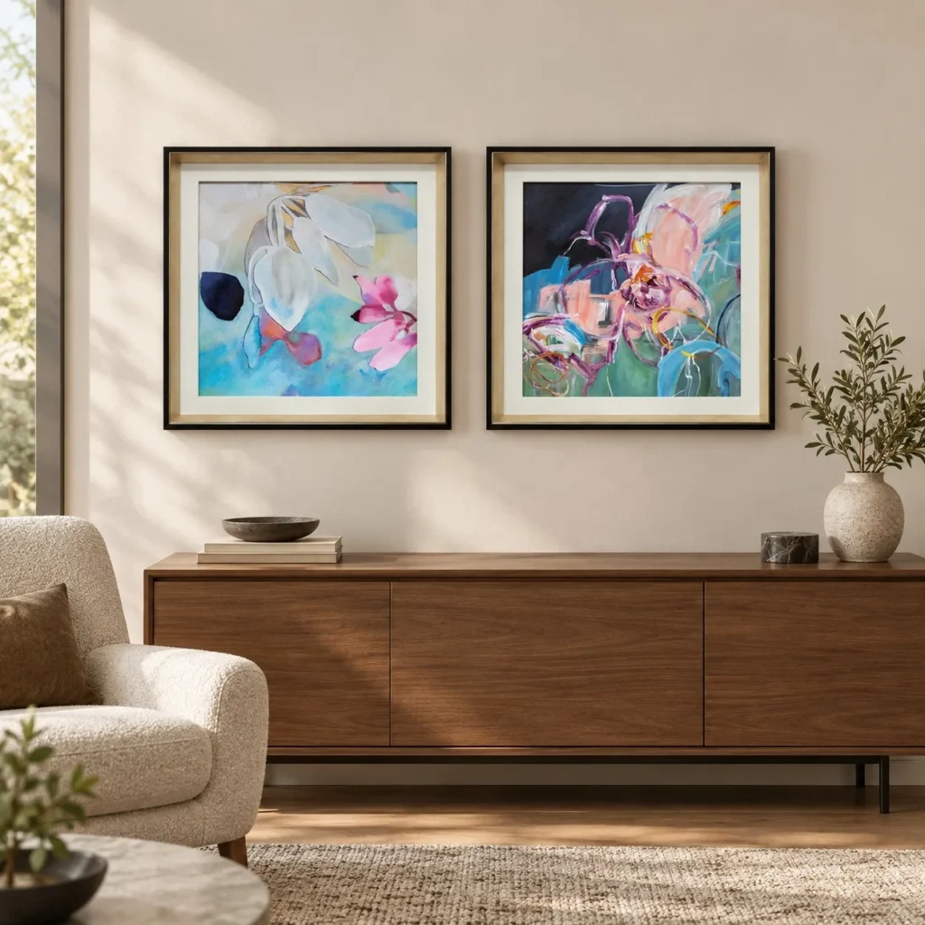 Floral Abstract Wall Art Set of 2 in Frames, 50 x 50 cm Each — front view
