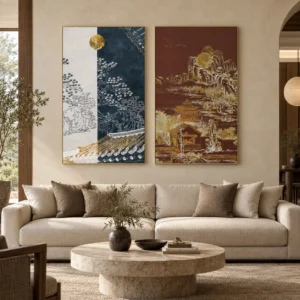 Navy and Burgundy Landscape Panel Set of 2, 90 x 147 cm in blue — front view