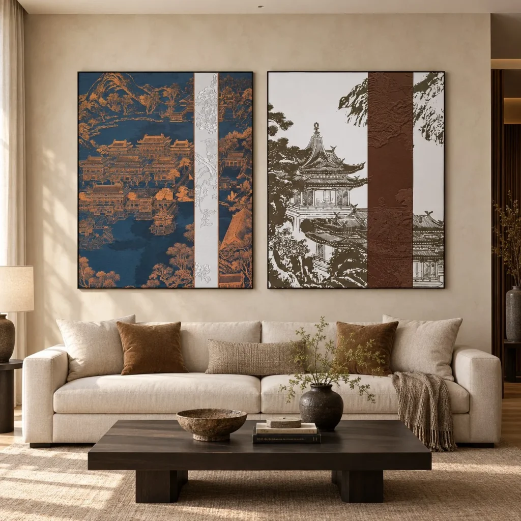 Pagoda Landscape Panel Set of 2 in blue — front view