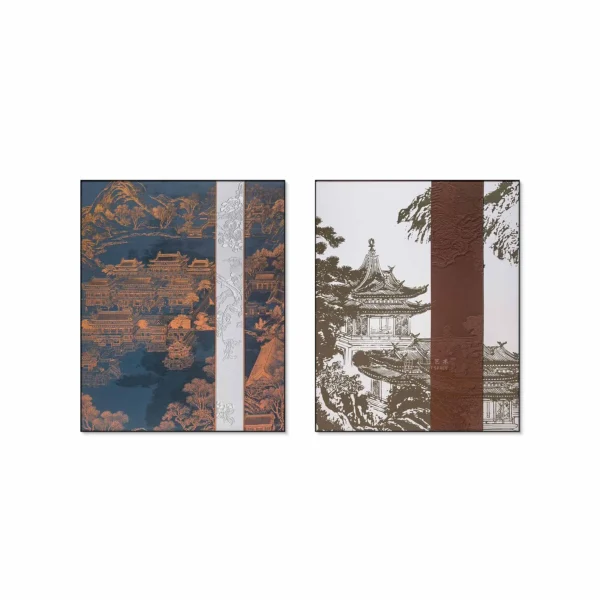 Pagoda Landscape Panel Set of 2 in blue — in a room setting