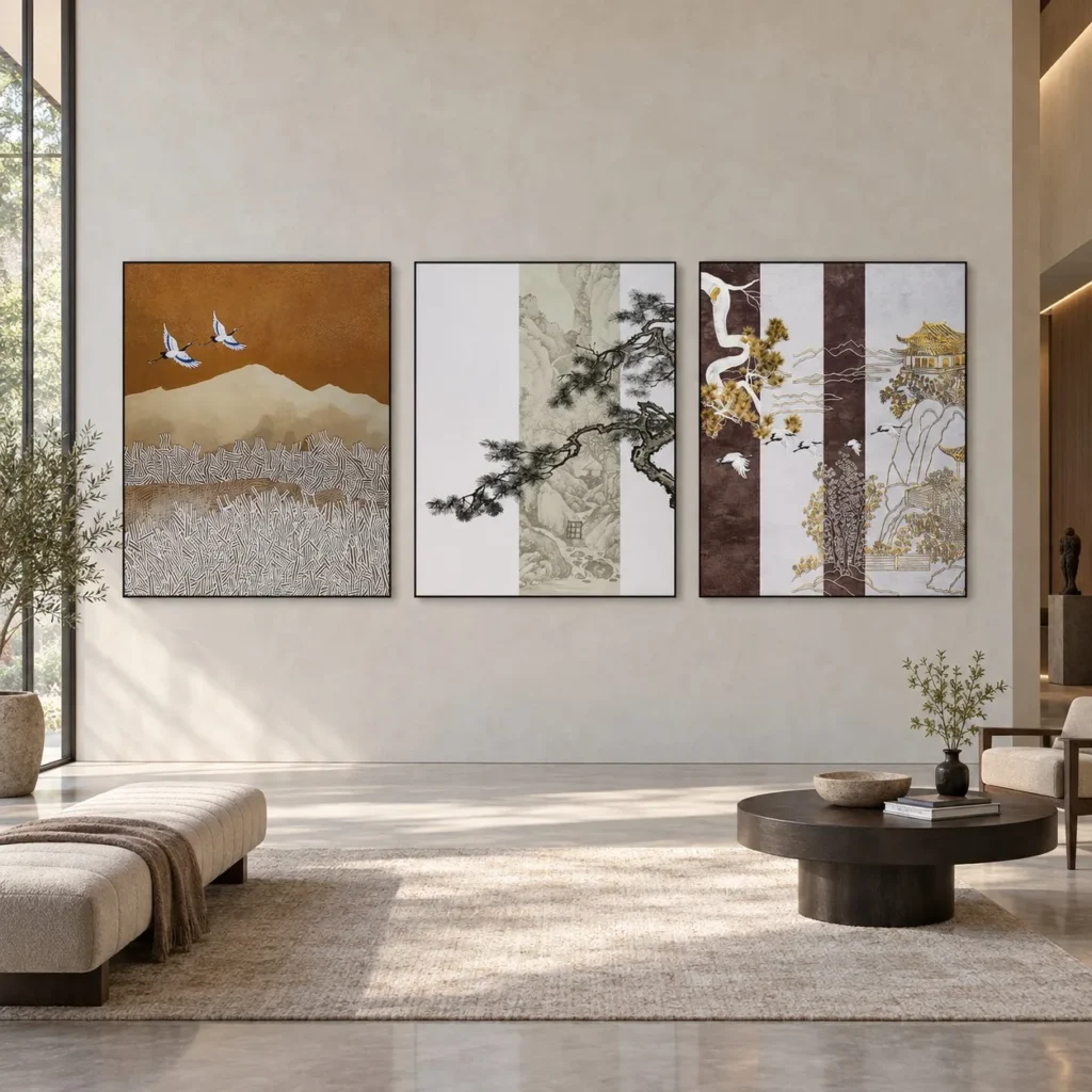 Crane and Pine Landscape Panel Set of 3, 130 x 160 cm in brushed brass — front view