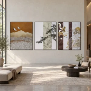 Crane and Pine Landscape Panel Set of 3, 130 x 160 cm in brushed brass — front view