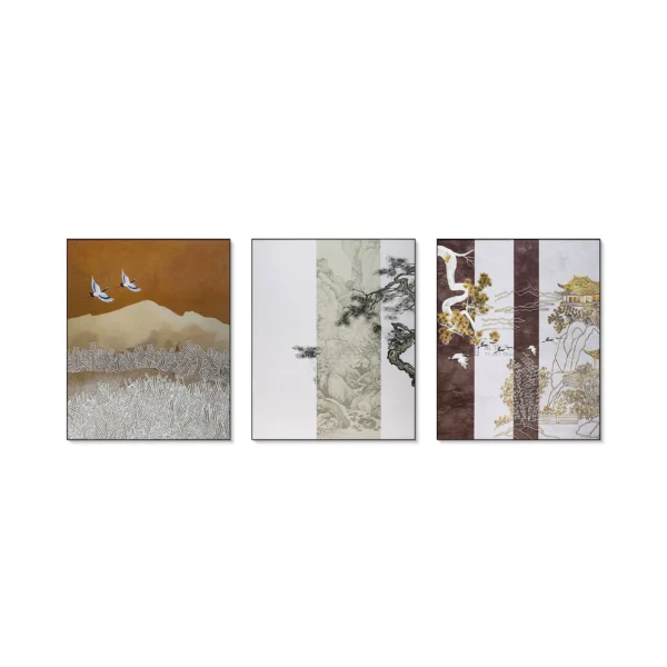 Crane and Pine Landscape Panel Set of 3, 130 x 160 cm in brushed brass — in a room setting