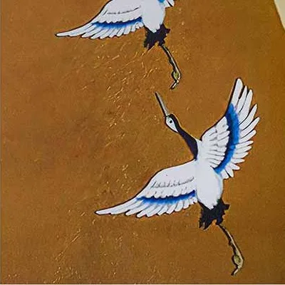 Crane and Pine Landscape Panel Set of 3, 130 x 160 cm in brushed brass — detail