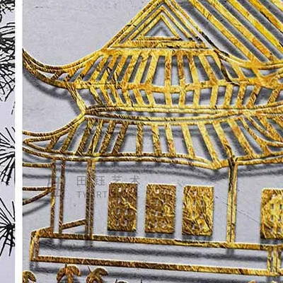 Crane and Pine Landscape Panel Set of 3, 130 x 160 cm in brushed brass — detail