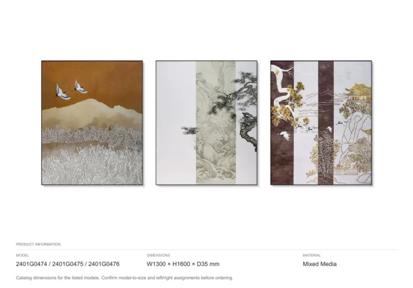 Crane and Pine Landscape Panel Set of 3, 130 x 160 cm in brushed brass — dimensions
