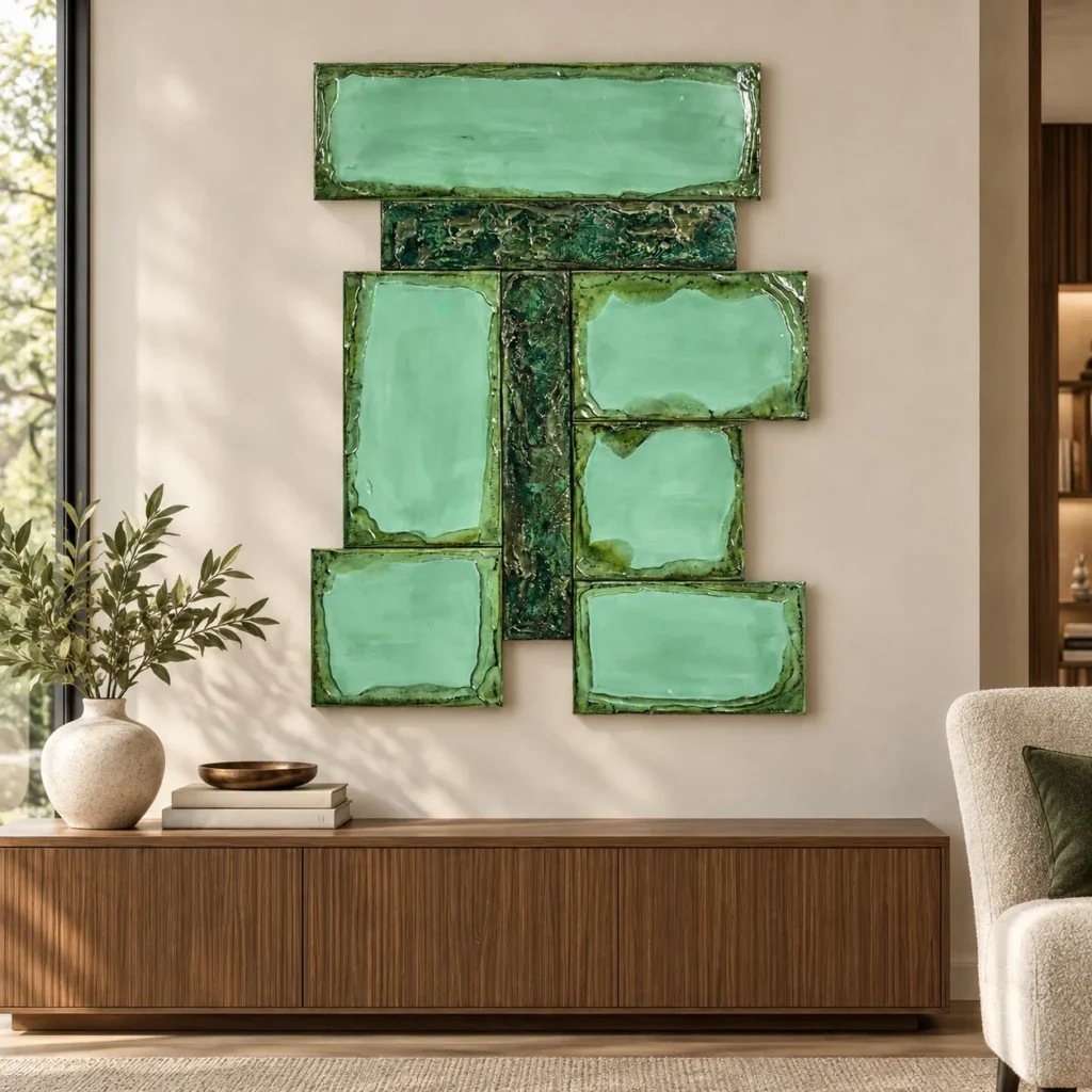 Mint Green Glazed Tile Wall Art Set, 72 x 95 cm in olive — front view