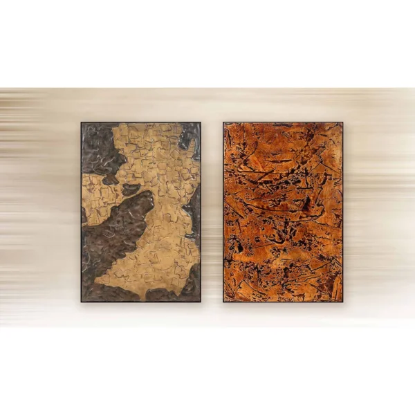 Gold and Rust Crackle Wall Art Set of 2, 80 x 120 cm Each in brushed brass — in a room setting