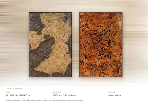 Gold and Rust Crackle Wall Art Set of 2, 80 x 120 cm Each in brushed brass — dimensions