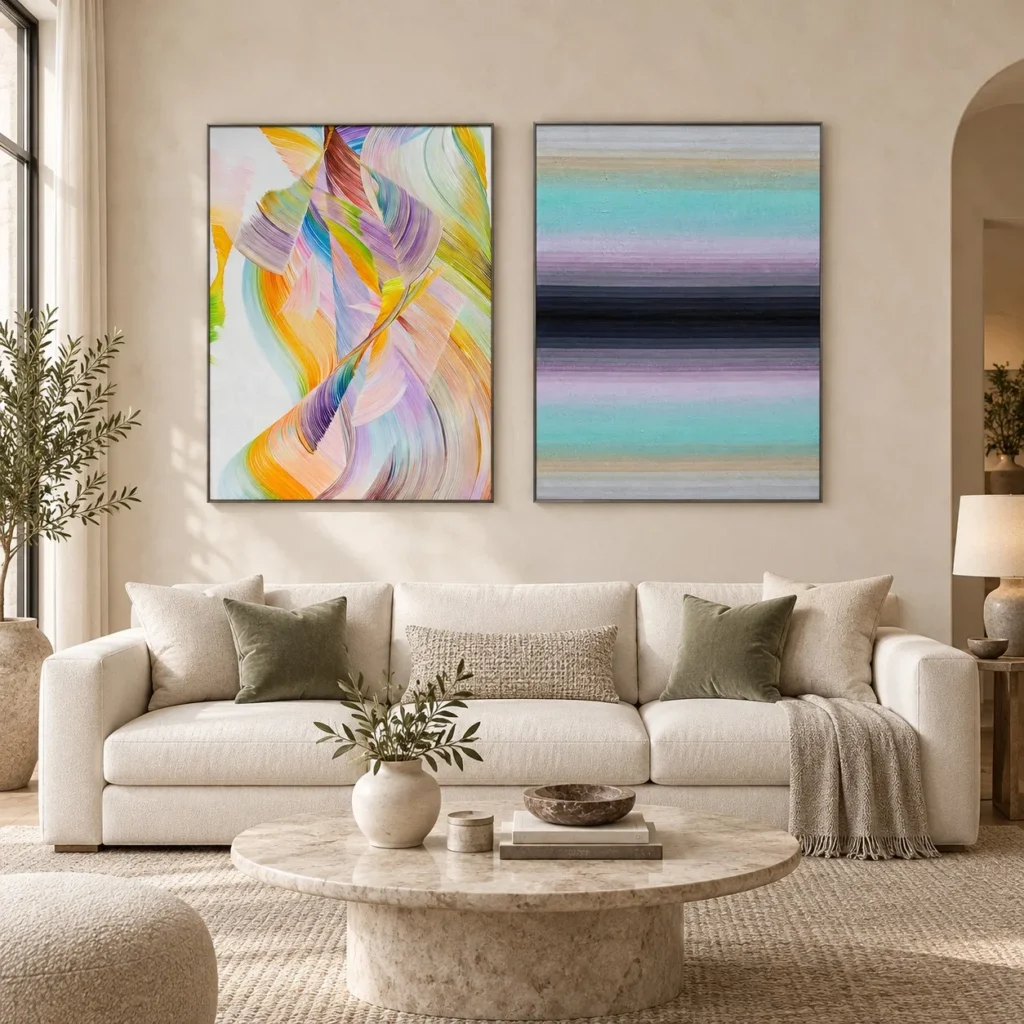 Pastel Swirl and Stripe Painting Set of 2, 90 x 120 cm Each in plum — front view