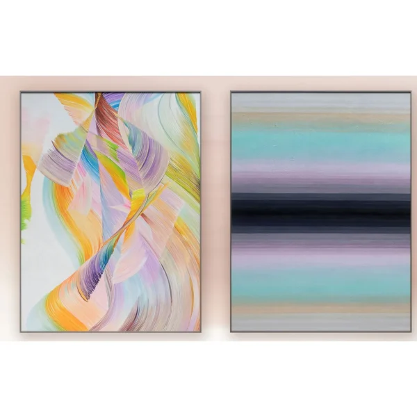 Pastel Swirl and Stripe Painting Set of 2, 90 x 120 cm Each in plum — in a room setting