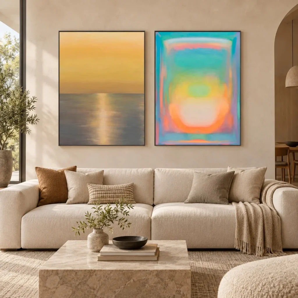 Sunset and Colour Glow Painting Set of 2, 90 x 120 cm Each in mustard — front view